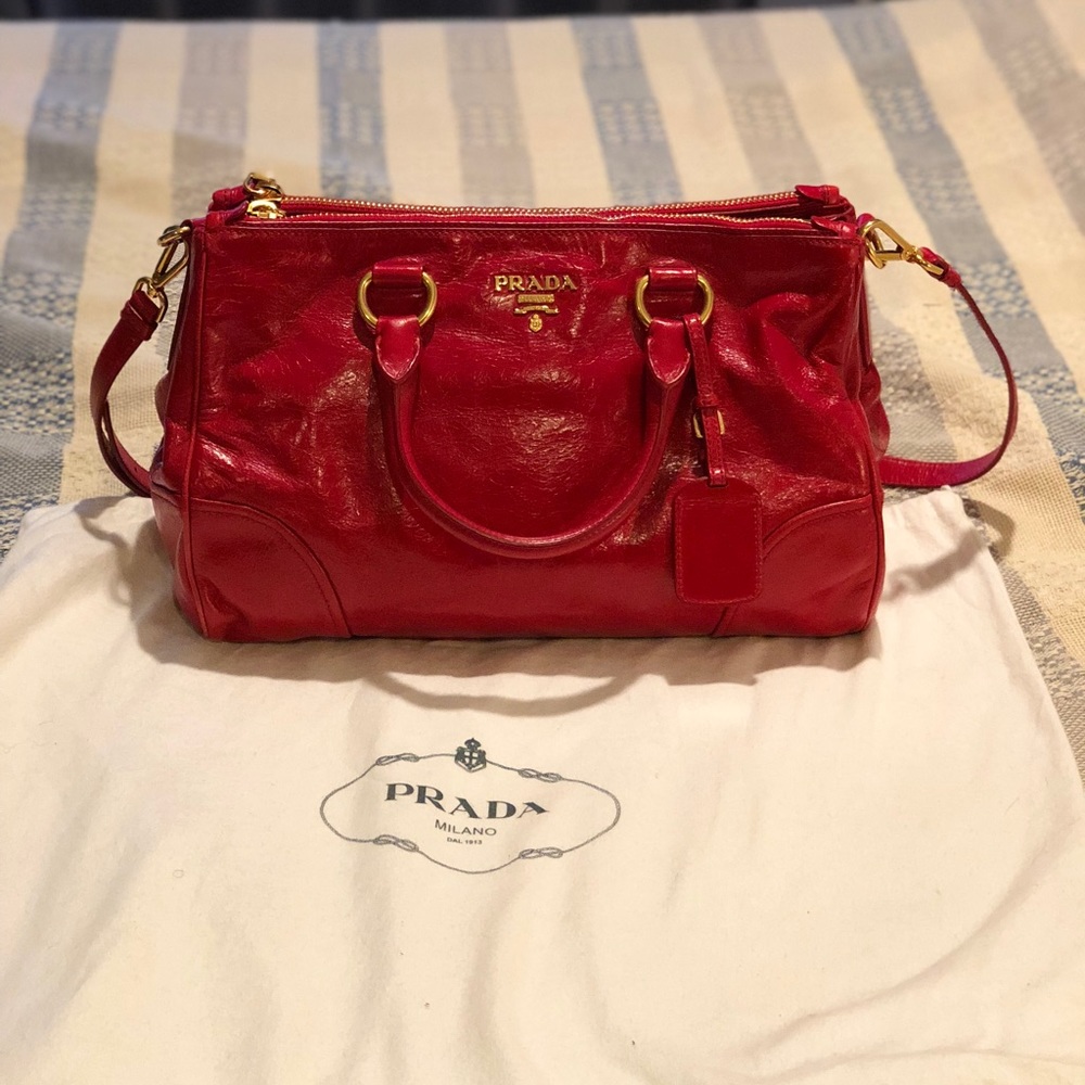 Red Patent Prada Vitello Saffiano Shine Tote Bag